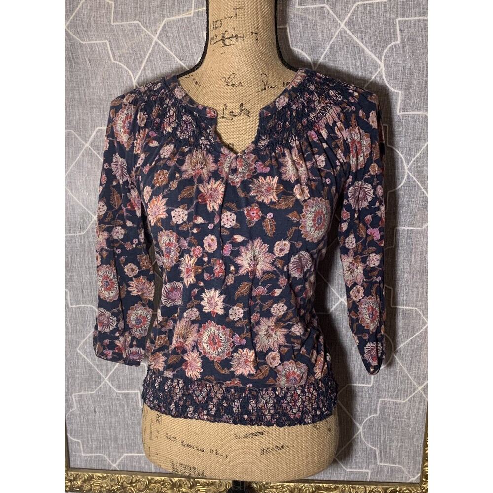 Lucky Brand Border Peasant Top Sz S Floral Blouse Gypsy Boho Geometric Aztec EUC